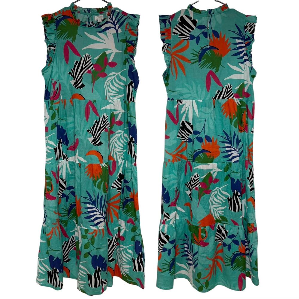 MUDPIE Tropical Floral Maxi Dress Teal Green Size Large Cotton Lightweight